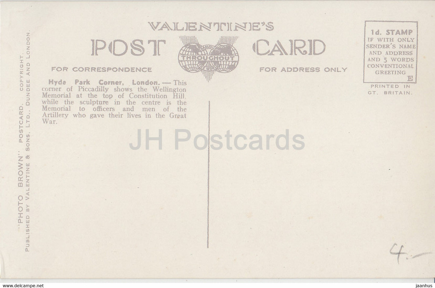 London - Hyde Park Corner - Valentine - 98642 - old postcard - England - United Kingdom - unused