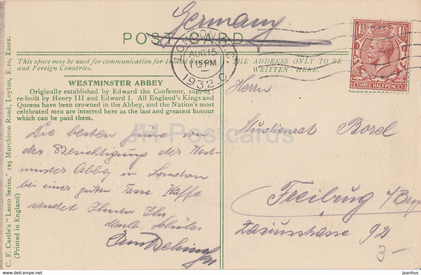 London – Westminster Abbey – Westfront – alte Postkarte – 1932 – England – Vereinigtes Königreich – gebraucht