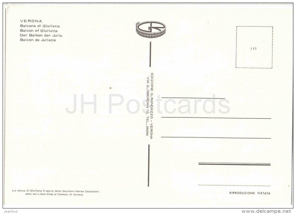 Balcone di Giulietta - Balcon of Juliet - Verona - Veneto - 111 - Italia - Italy - unused - JH Postcards