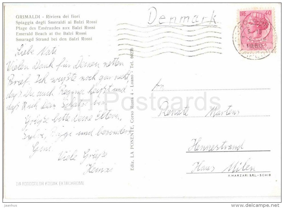 Spiaggia degli Smeraldi ai Bazi Rossi - beach Grimaldi - Riviera dei Fiori - Imperia - Liguria - Italia - Italy - used - JH Postcards
