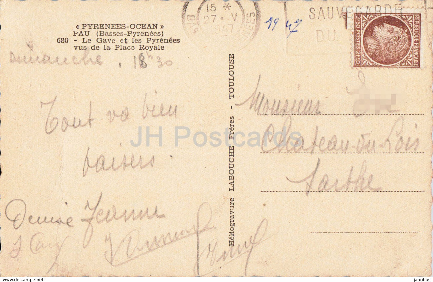 Pau - Le Gave et les Pyrenees vus de la Place Royale - 680 - old postcard - 1947 - France - used