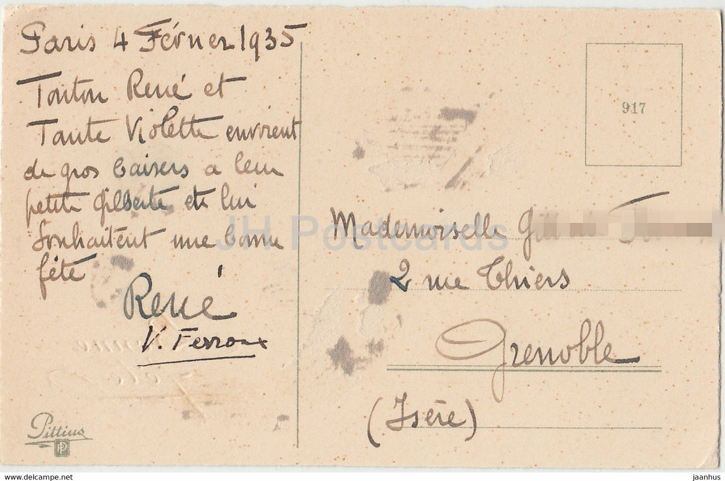 Birthday Greeting Card - Bonne Fete - flowers - white roses - Pittius 917 - illustration - old postcard - France - used