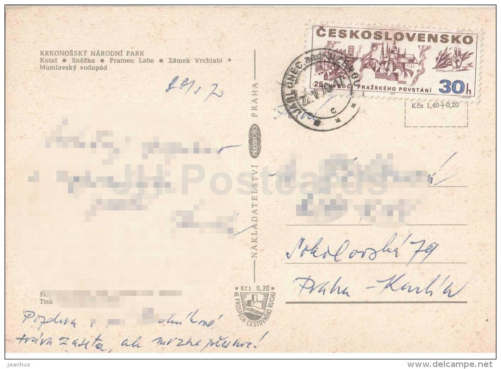 Krkonose National Park - Kotel - Snezka mountain - source Labe - Vrchlabi castle - Czechoslovakia - Czech - used 1970 - JH Postcards