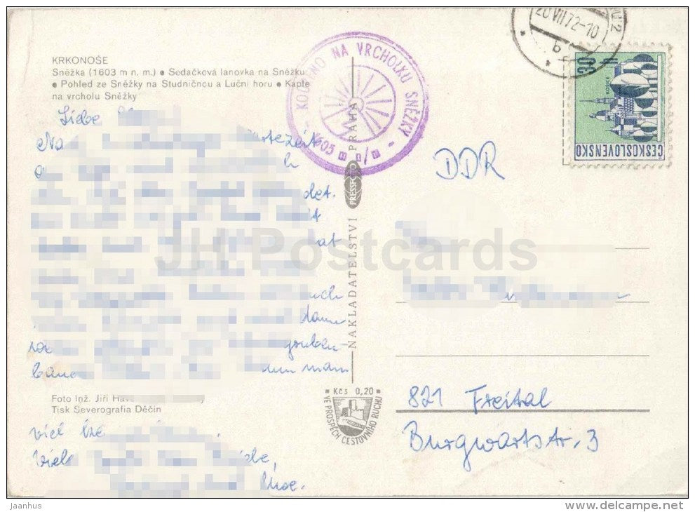 Snezka mountain 1603 m - Krkonoše - chairlifts - Chapel on top of the mountain - Czechoslovakia - Czech - used 1 - JH Postcards
