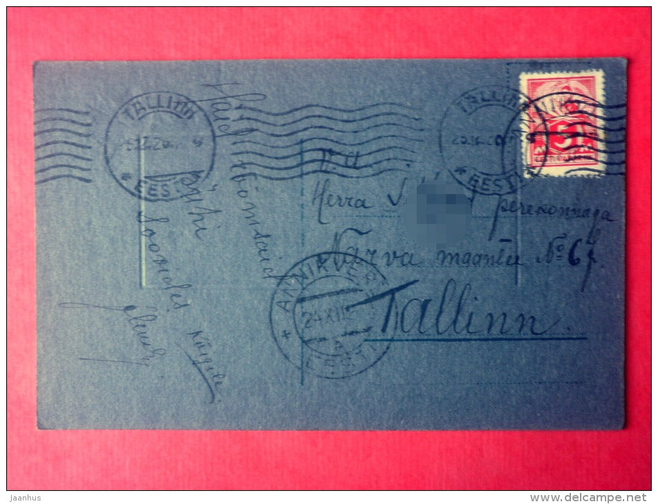 christmas greeting card - house - boat - circulated in Estonia Tallinn Annikvere 1920s - JH Postcards