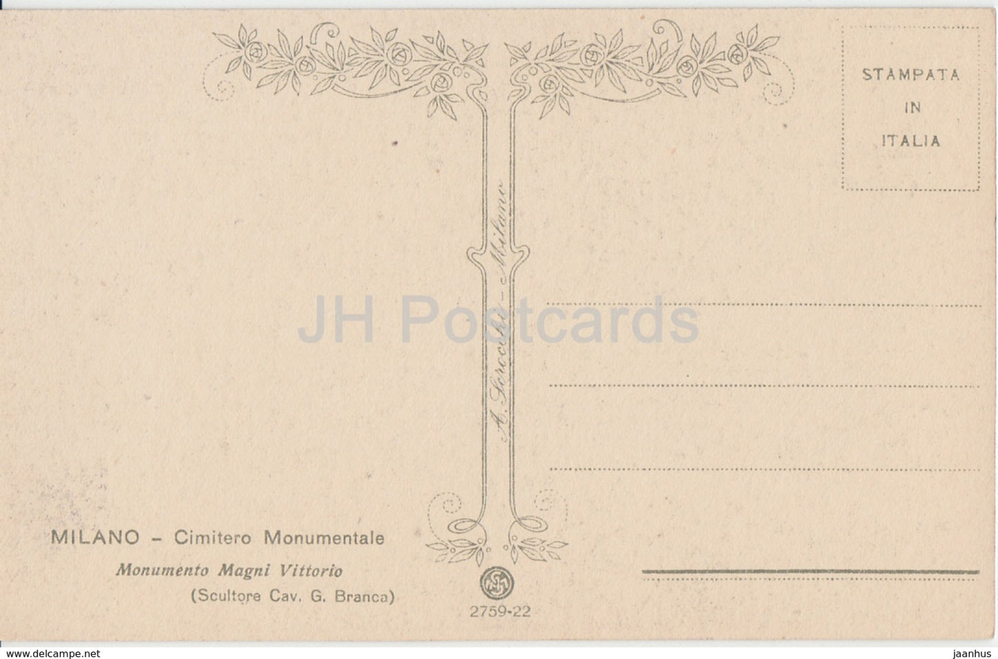 Mailand - Mailand - Cimitero Monumentale - Monumento Magni Vittorio - Friedhof - alte Postkarte - Italien - unbenutzt