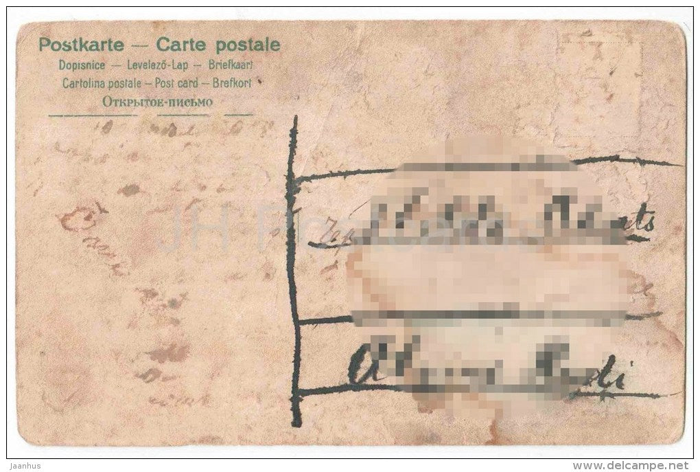 easter greeting card - woman taking water - mountains - old postcard - circulated in Estonia - JH Postcards