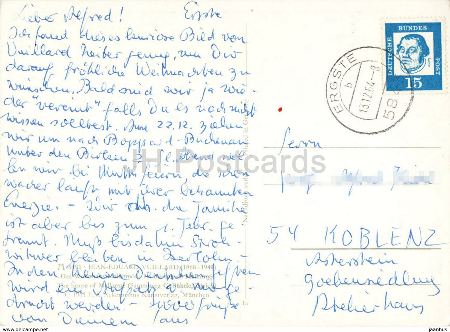 painting by Jean Eduard Vuillard - The House of Mallarme - French art - old postcard - 1964 Germany - used