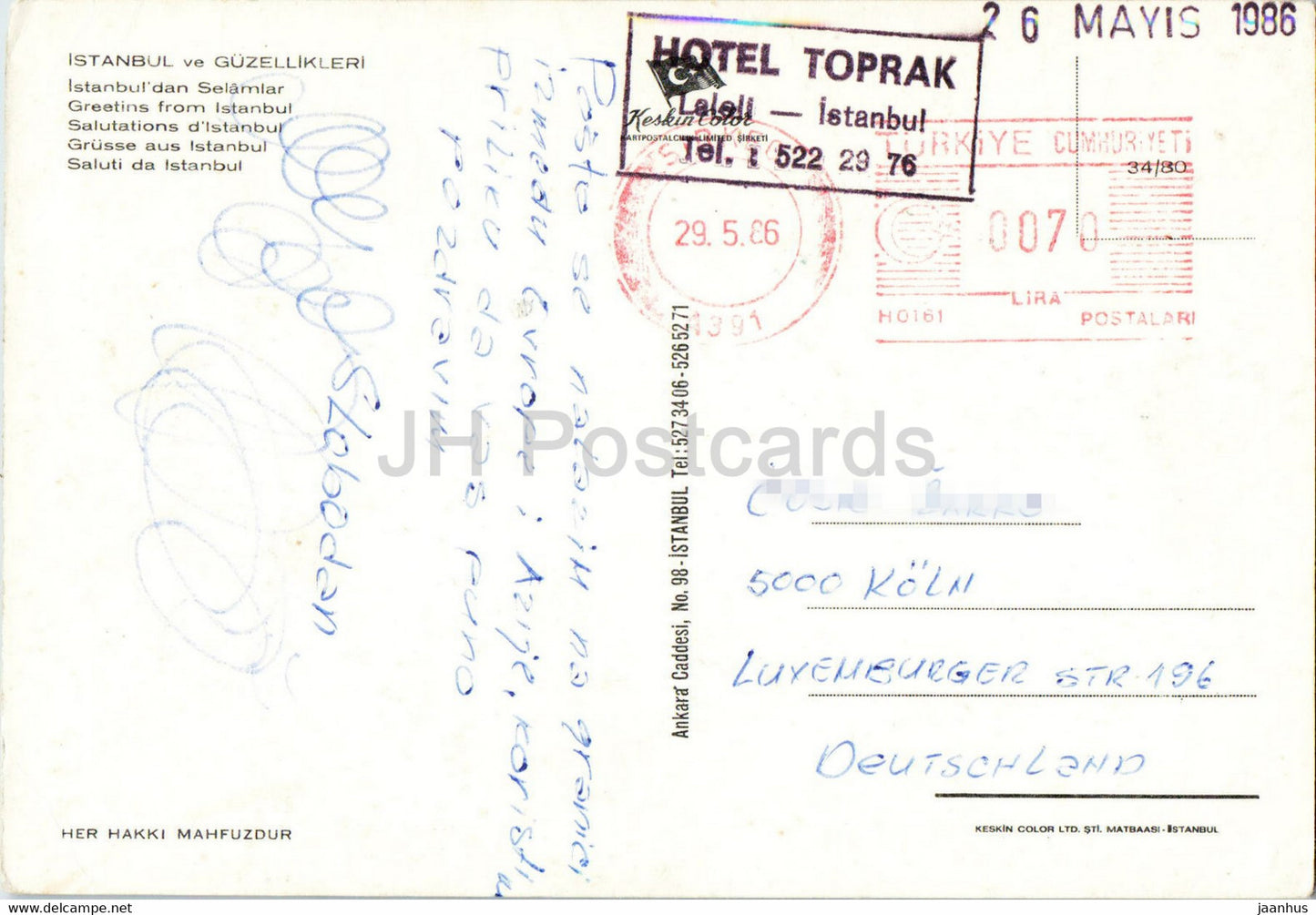 Greetings from Istanbul - Taksim Monument - Maiden's Tower - Rumeli Fortress - Keskin Color - 1986 - Turkey - used