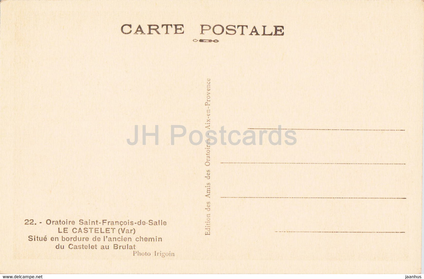 Oratoire Saint Francois de Salle - Le Castelet - Situe en bordure - alte Postkarte - Frankreich - unbenutzt