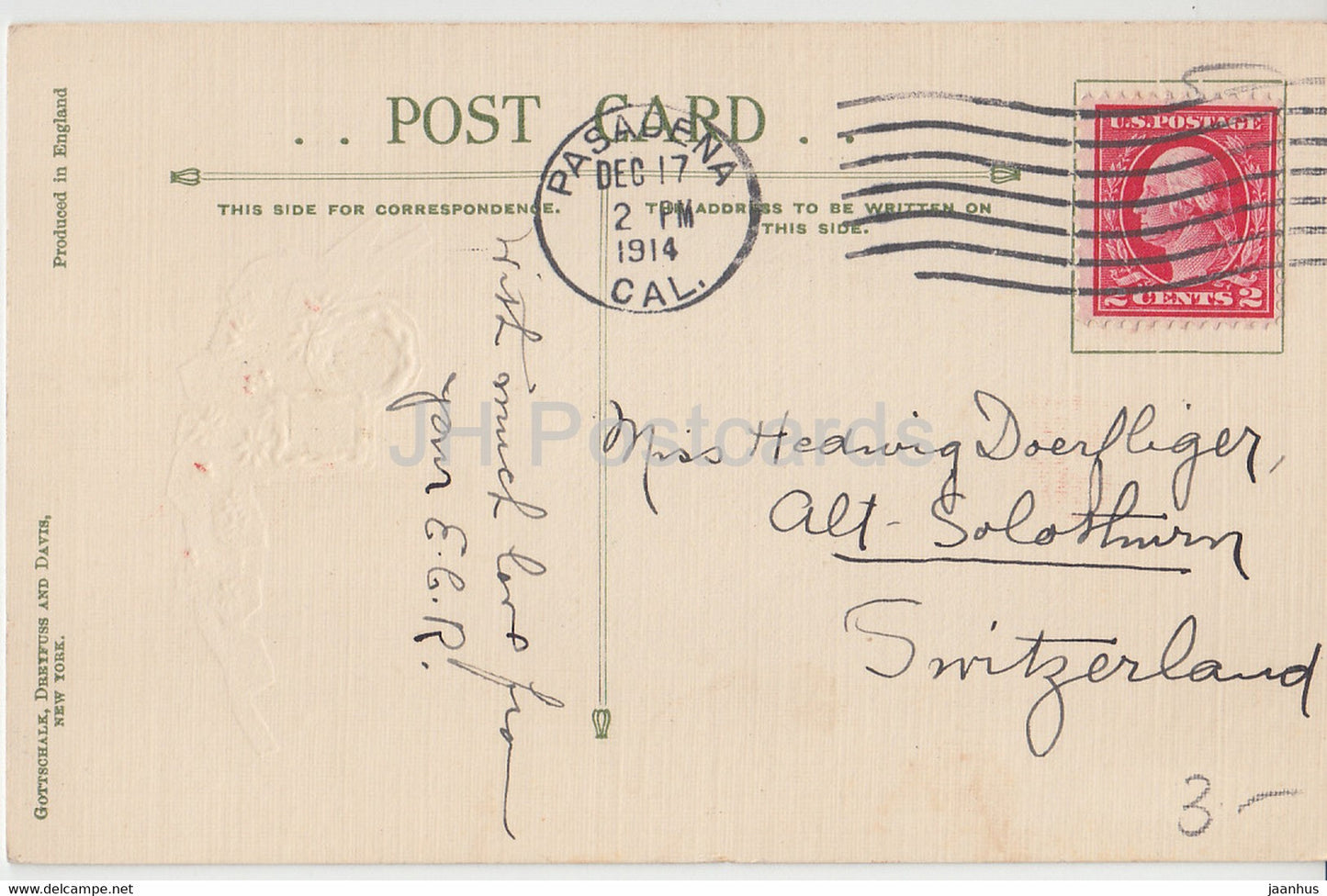 Carte de vœux de Noël - Salutations de Noël - 25 décembre Pour vous saluer - Gottschalk - carte postale ancienne - 1914 - Etats-Unis - utilisé