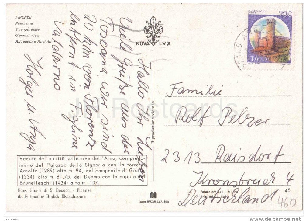 panorama - Firenze - Florence - Italia - Italy - sent from Italy to Germany - JH Postcards