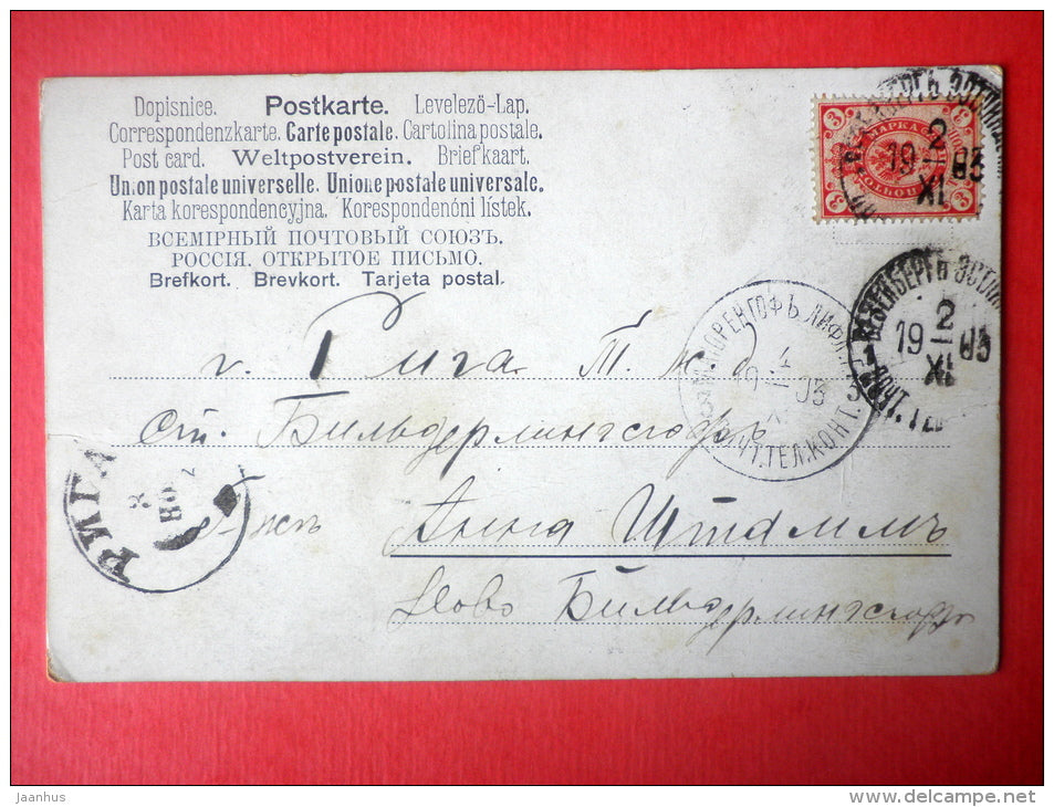 illustration - deer - winter - church - sent from Estonia Wesenberg to Latvia Riga Imperial Russia 1903 - JH Postcards