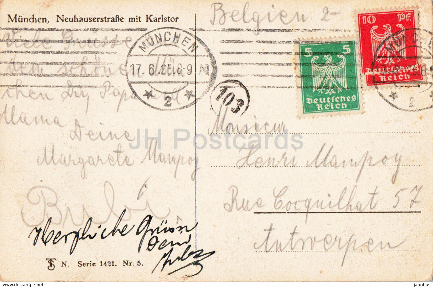 Munchen - Munich - Neuhauserstrasse mit Karlstor - carte postale ancienne - 1925 - Allemagne - utilisé