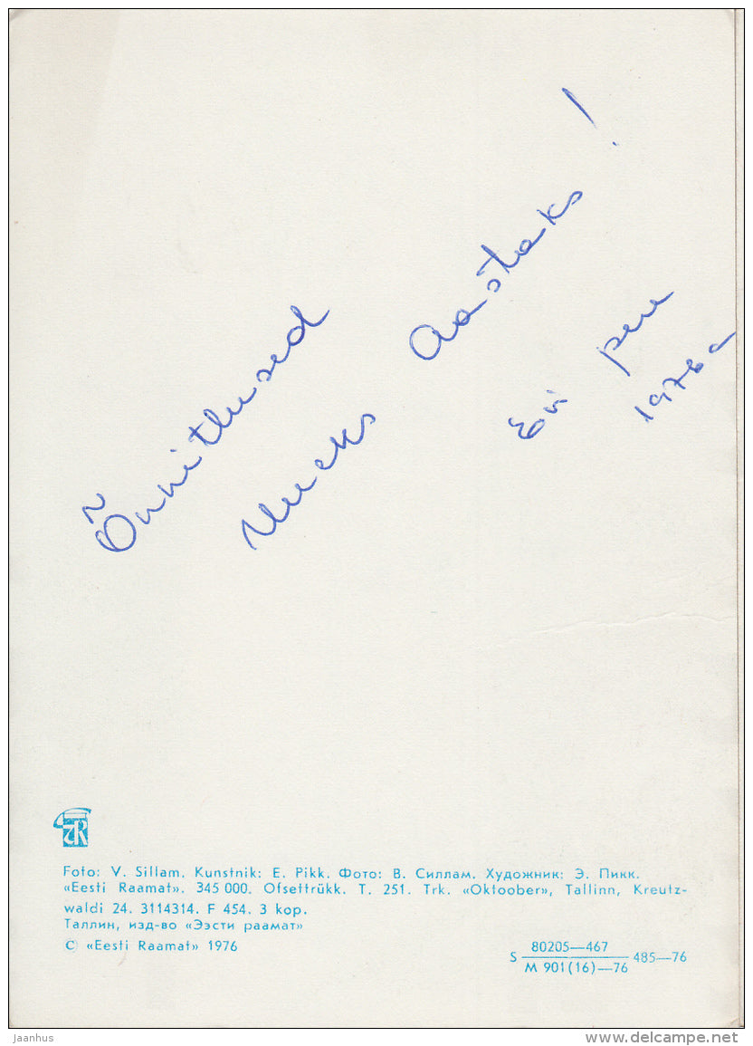 New Year greeting card - 2 - basket with apples - gingerbread - fir cones - 1976 - Estonia USSR - used - JH Postcards