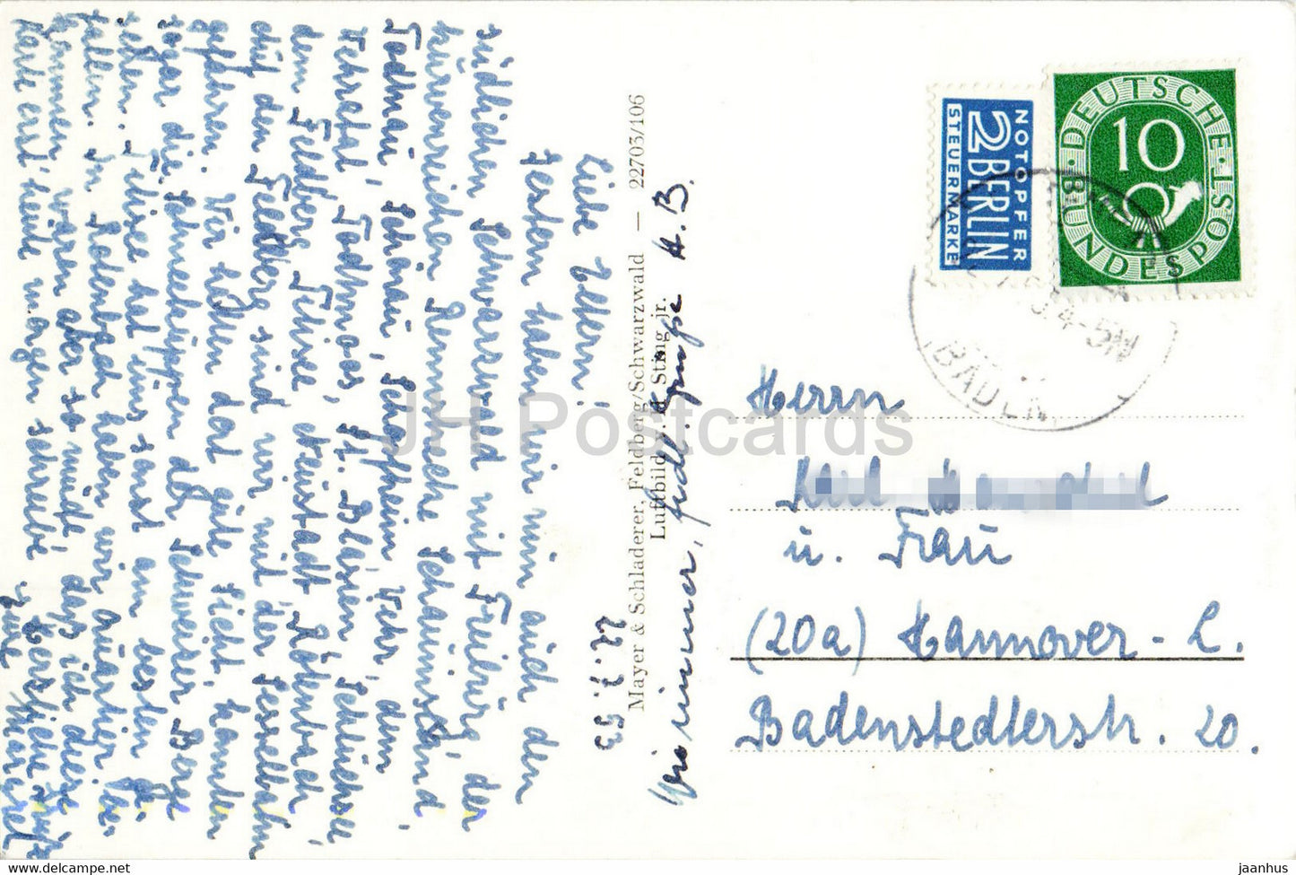Feldberg mit Feldsee vom Flugzeug aus - old postcard - 1953 - Germany - used