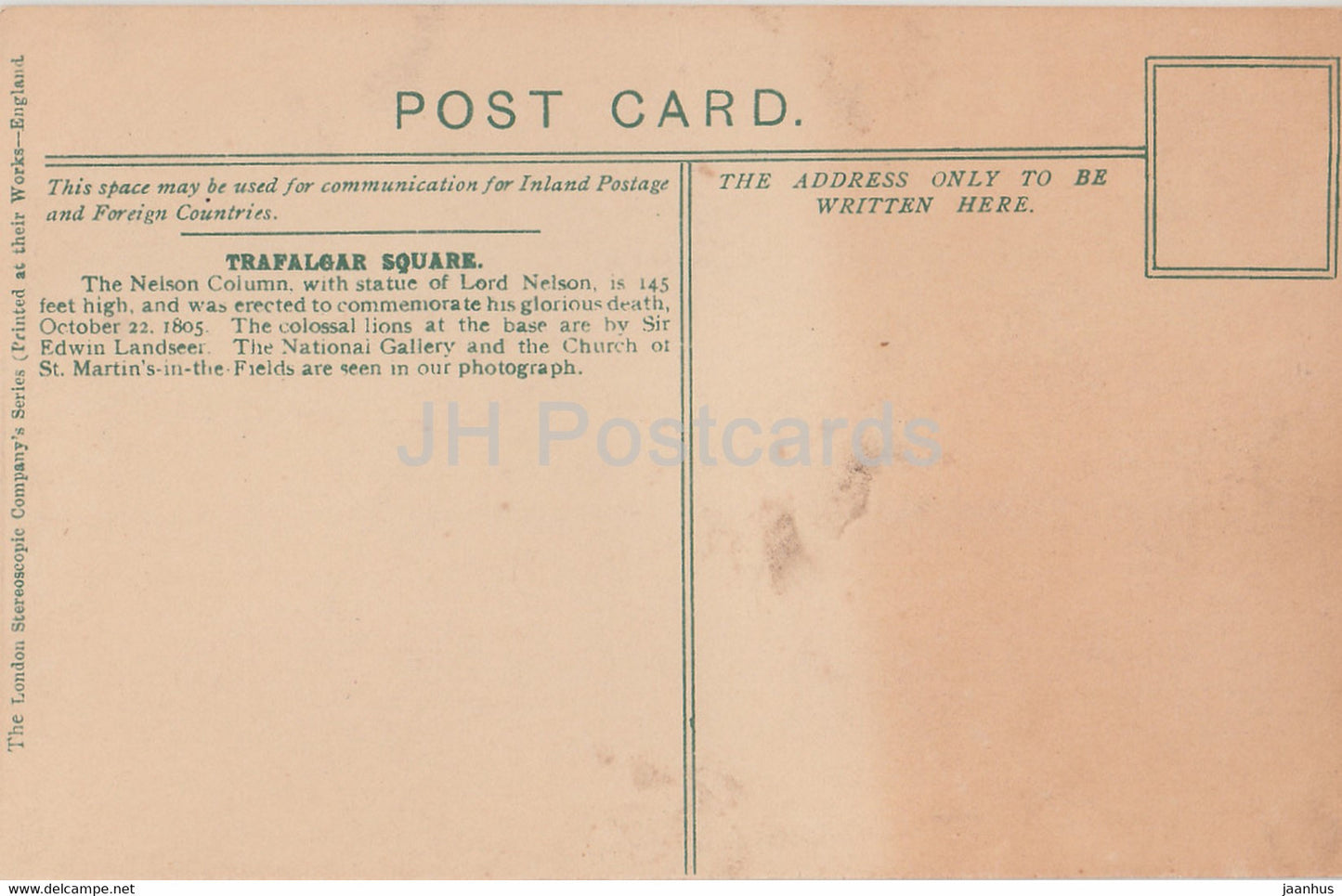 Londres - Trafalgar Square - bus - London Stereoscopique Company - carte postale ancienne - Angleterre - Royaume-Uni - inutilisé
