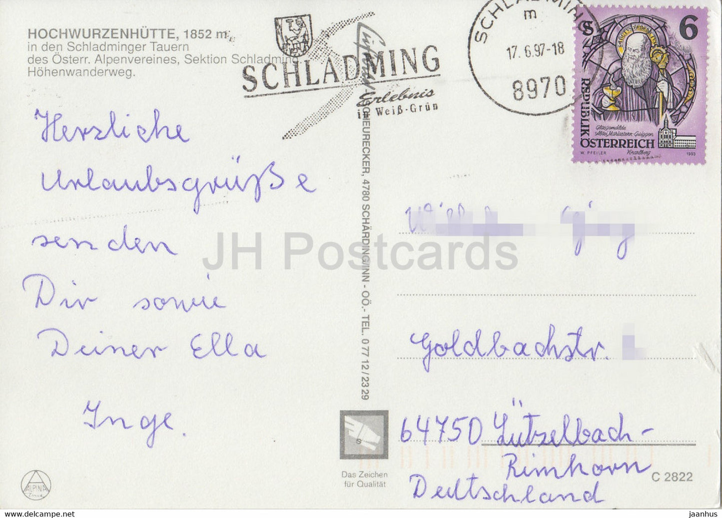 Hochwurzenhütte 1852 m - Schladming Rohrmoos - Schladminger Tauern - Hohenwanderweg - 1997 - Österreich - gebraucht