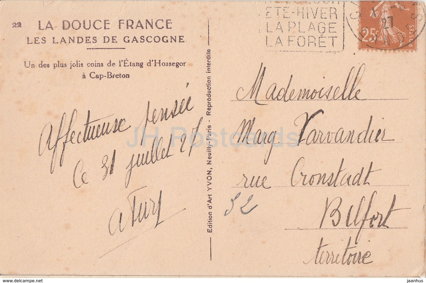 Un des plus jolis coins de l'Etang d'Hossegor a Cap Breton - 22 - old postcard - 1927 - France - used