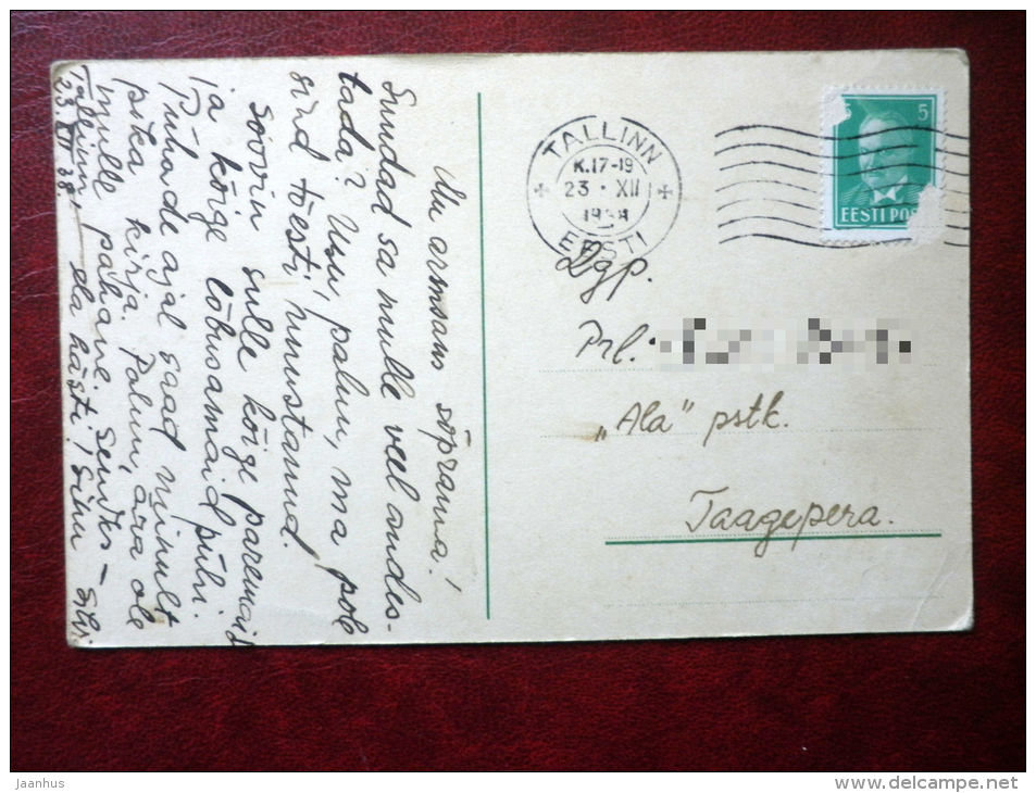 Christmas Greeting Card - candles 1 - bells - house - circulated in Estonia 1938 , Tallinn - used - JH Postcards