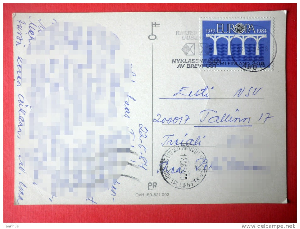 illustration - mouse - bee - mushroom - flowers - EUROPA CEPT - Finland - sent from Finland to Estonia USSR 1984 - JH Postcards