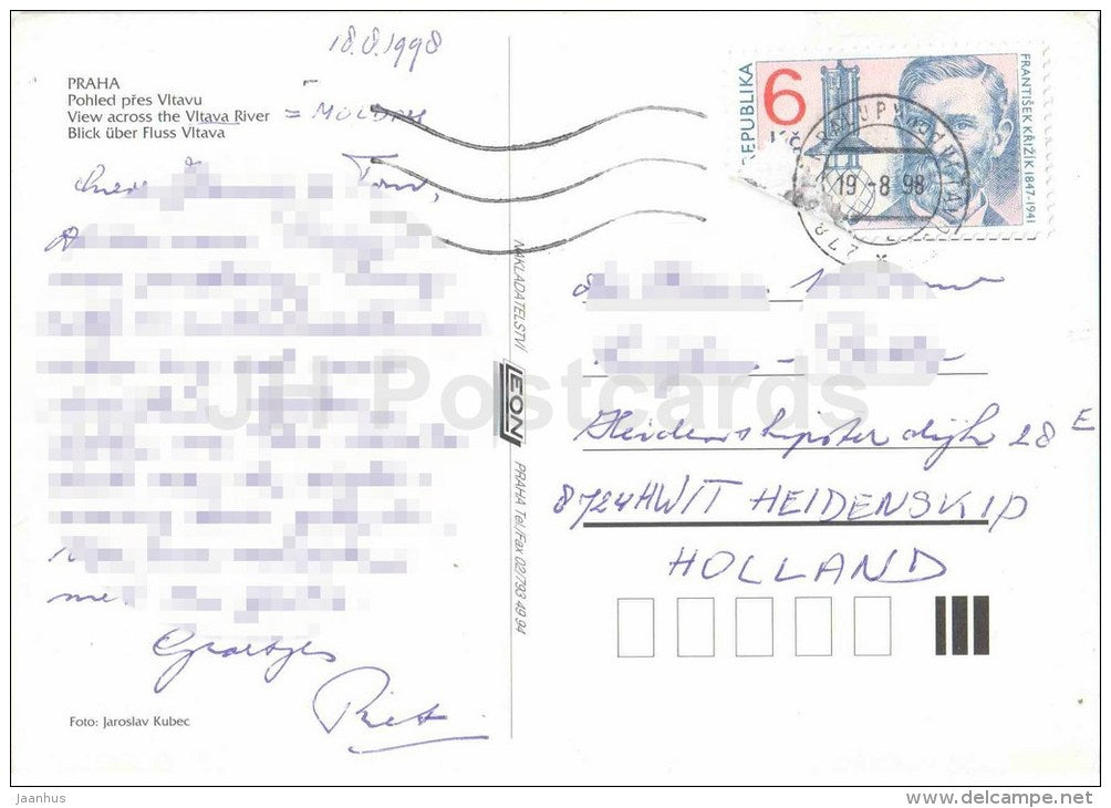 Praha - Prague - View across Vltava river - Czech Republic - used 1998 - JH Postcards