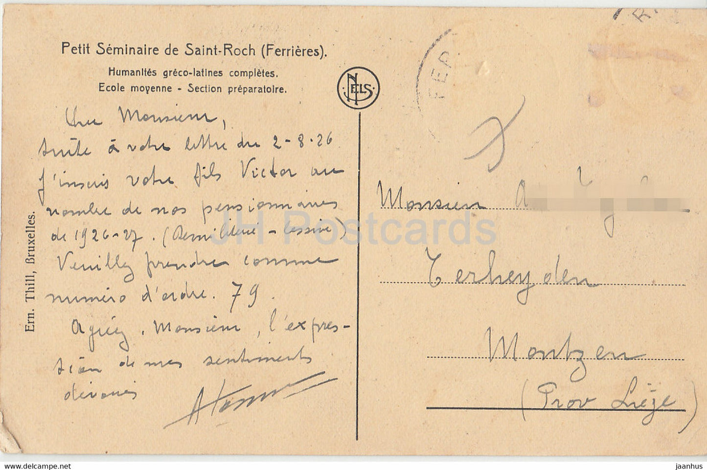 Petit Seminaire de Saint Roch - Entree - Ferrieres - old postcard - 1926 - Belgium - used