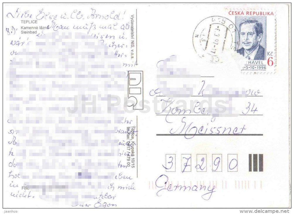 Teplice - Kamenne Lazne - Steinbad - Vaclah Havel stamp - architecture - Czech - used 1997 - JH Postcards