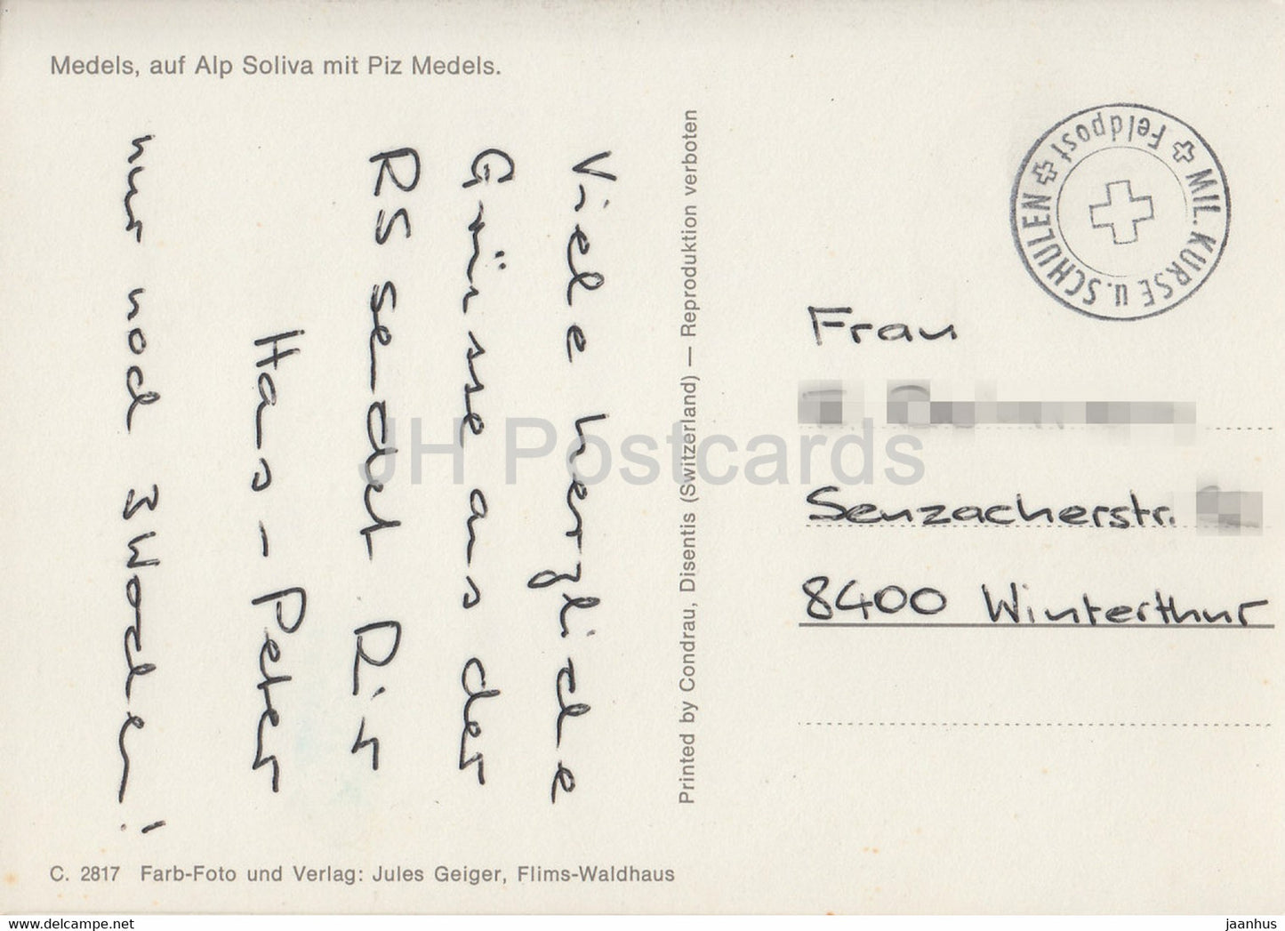 Medels auf Alp Soliva mit Piz Medels - 2817 - Feldpost - Switzerland - used