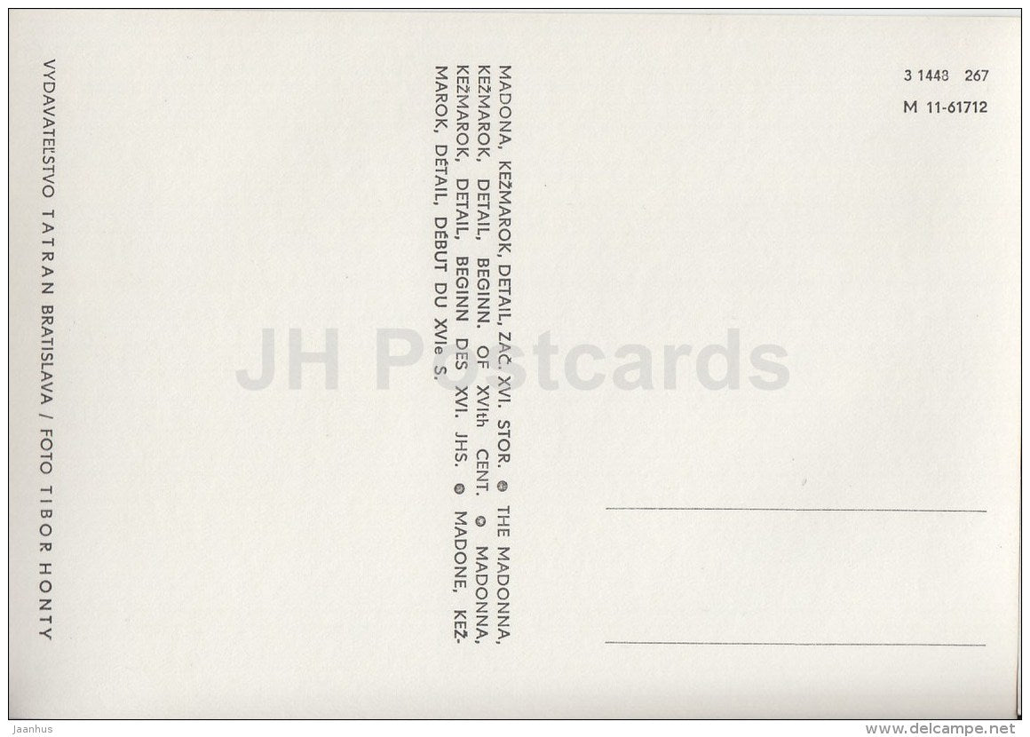 The Madonna , Kezmarok , detail - Gothic Sculpture of Slovakia - 1967 - Czechoslovakia - unused - JH Postcards