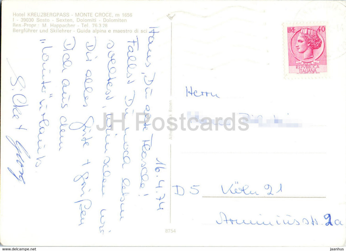 Hotel Kreuzbergpass - Monte Croce - Sesto - Sexten - Dolomiti - 1974 - Italy - used