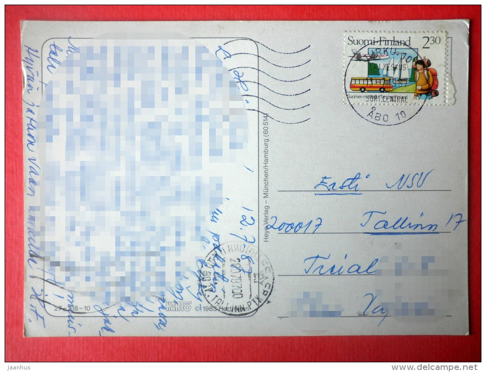 illustration by Jakob - cat - 27-218-10 - transport - Finland - sent from Finland Turku to Estonia USSR 1987 - JH Postcards