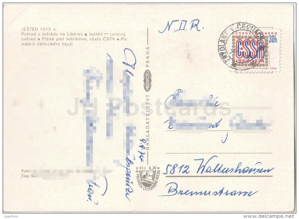 Jested - Liberec - the monument to labor movement - cable car - Czechoslovakia - Czech - used 1974 - JH Postcards