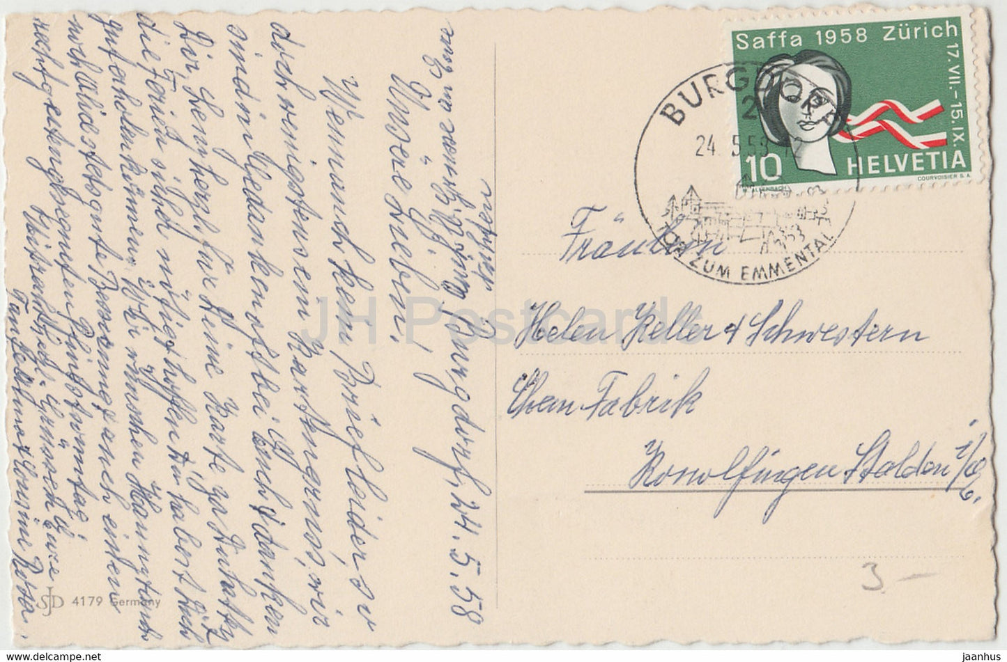 Ich hoffe darauf dass du so gnadig bist - rose - flowers - illustration - SJD 4179 - old postcard - 1958 - used