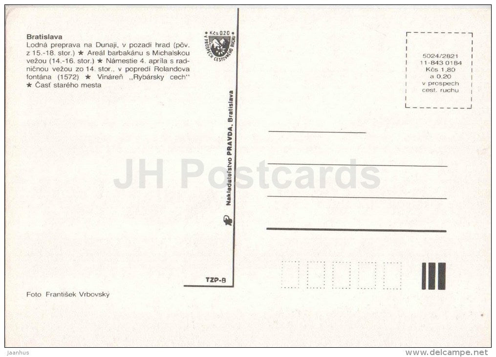 Michael's Tower - Danube river - tavern - marine transport - Bratislava - Czechoslovakia - Slovakia - unused - JH Postcards