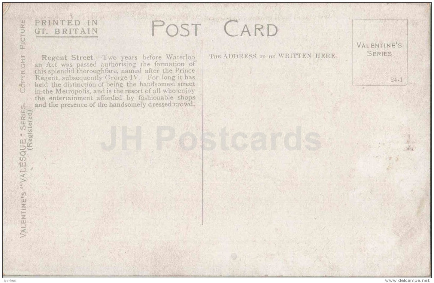 Regent Street - Looking West - old cars - Valentine´s Valesque Series - London - England - old postcard - unused - JH Postcards