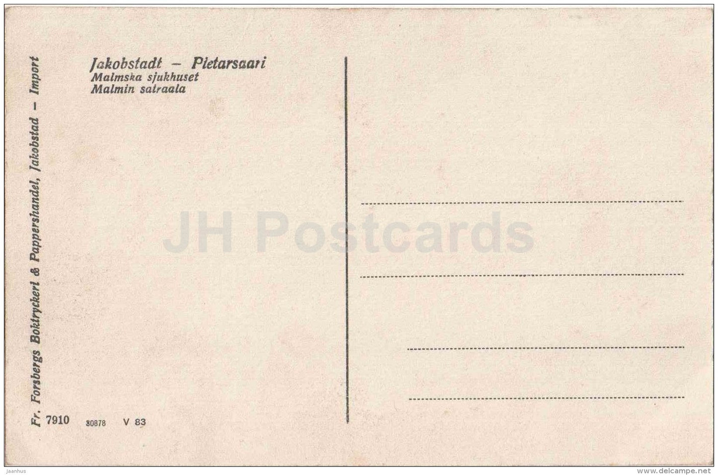 Jakobstadt - Pietarsaari - Malmska sjukhuset - Malmin satraala - Finland - 7910 - old postcard - unused - JH Postcards