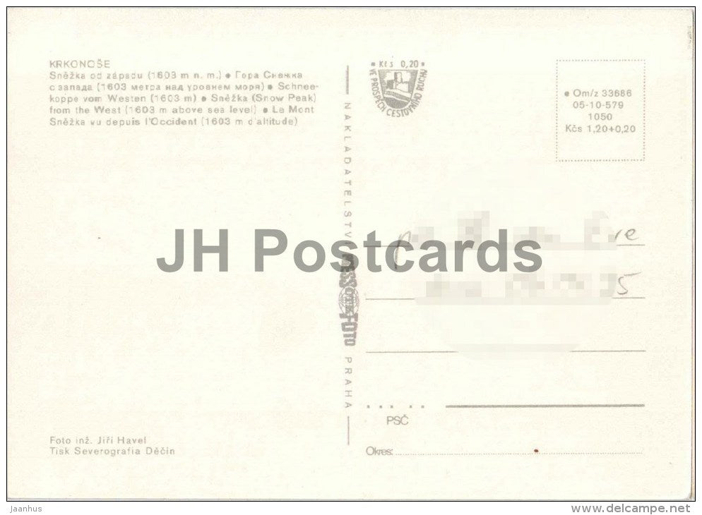 Snezka mountain 1603 m - Krkonoše - Czechoslovakia - Czech - used - JH Postcards