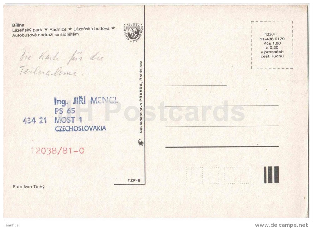 Bilina - spa park - Town Hall - Czechoslovakia - Czech - used - JH Postcards