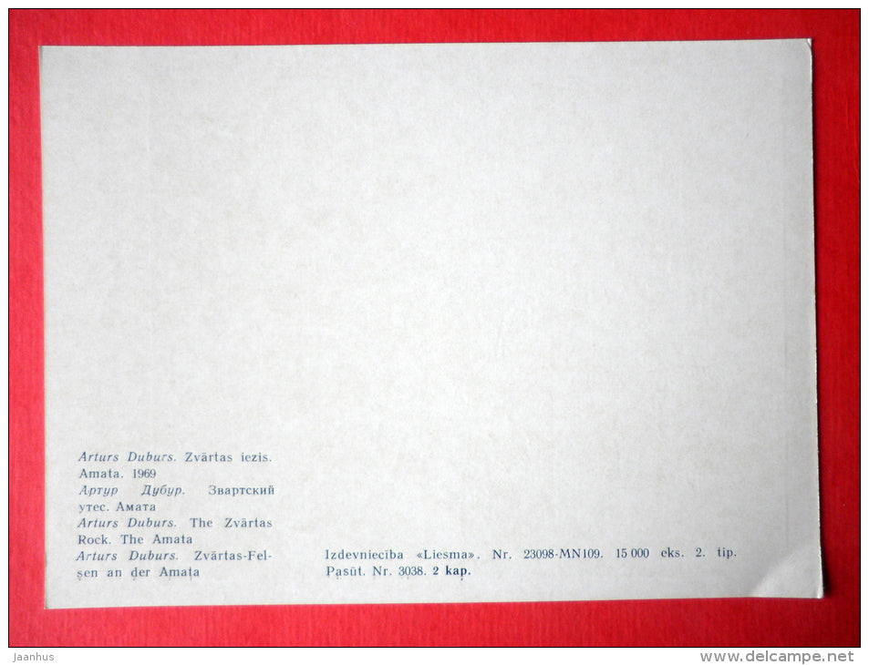 engraving by Arturs Duburs - The Zvartas Rock . The amata - latvian art - unused - JH Postcards