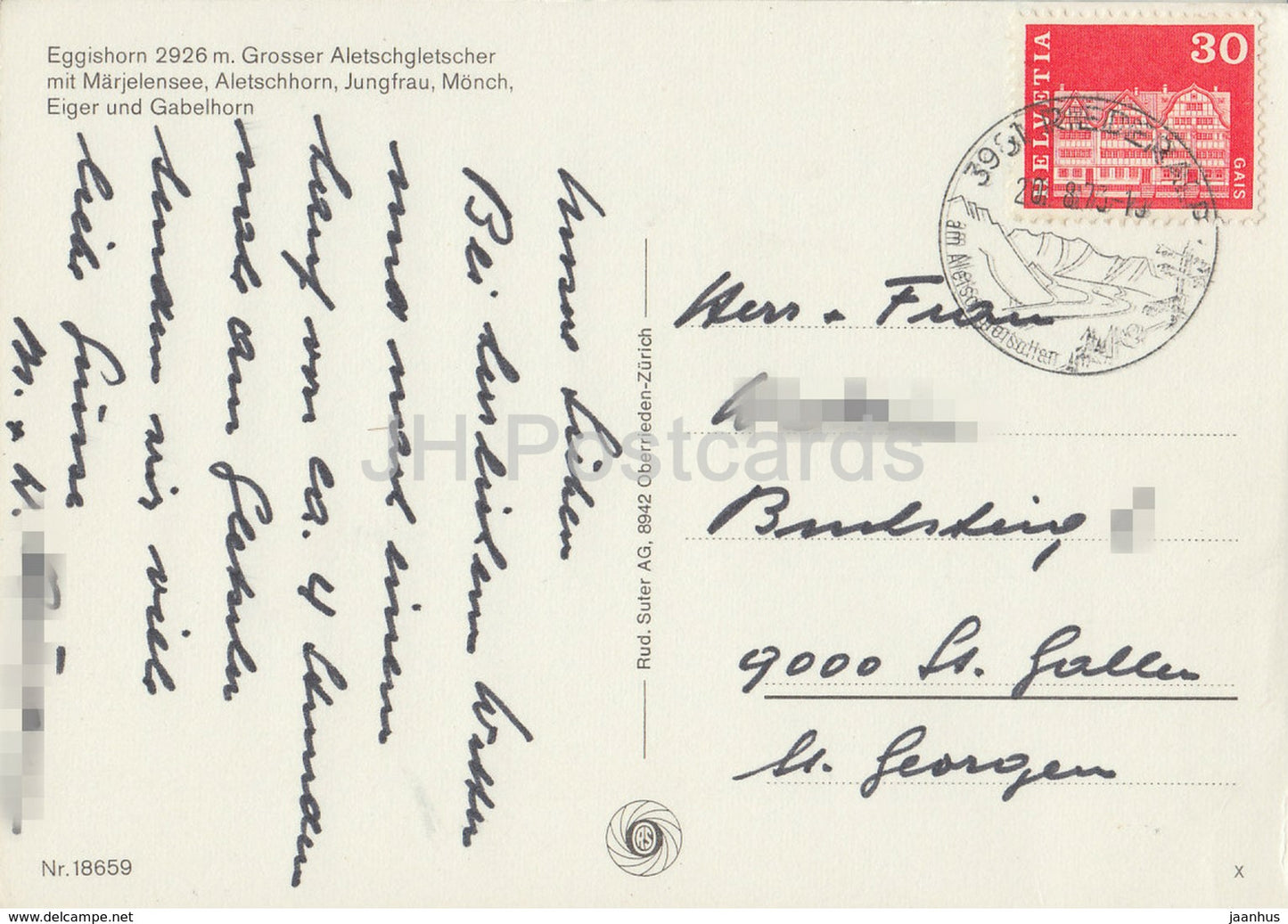 Eggishorn 2926 m - Grosser Aletschgletscher mit Marjelensee Aletschhorn Jungfrau - 18659 - 1973 - Switzerland - used
