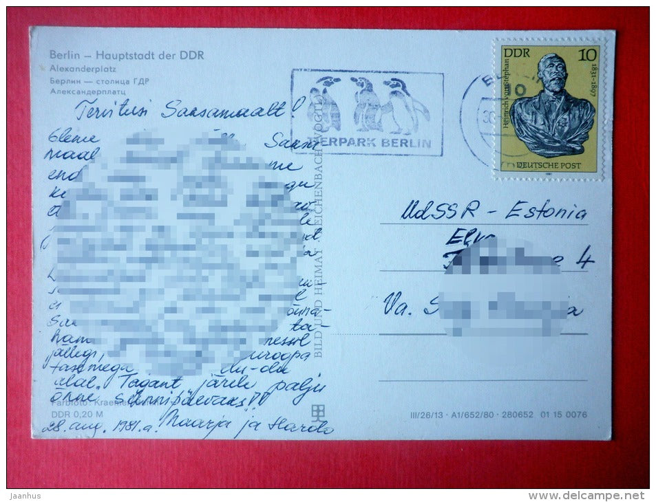 Alexanderplatz - fountain - Tierpark Berlin - Heinrich von Stephan - DDR Germany - used sent from Berlin to Estonia USSR - JH Postcards