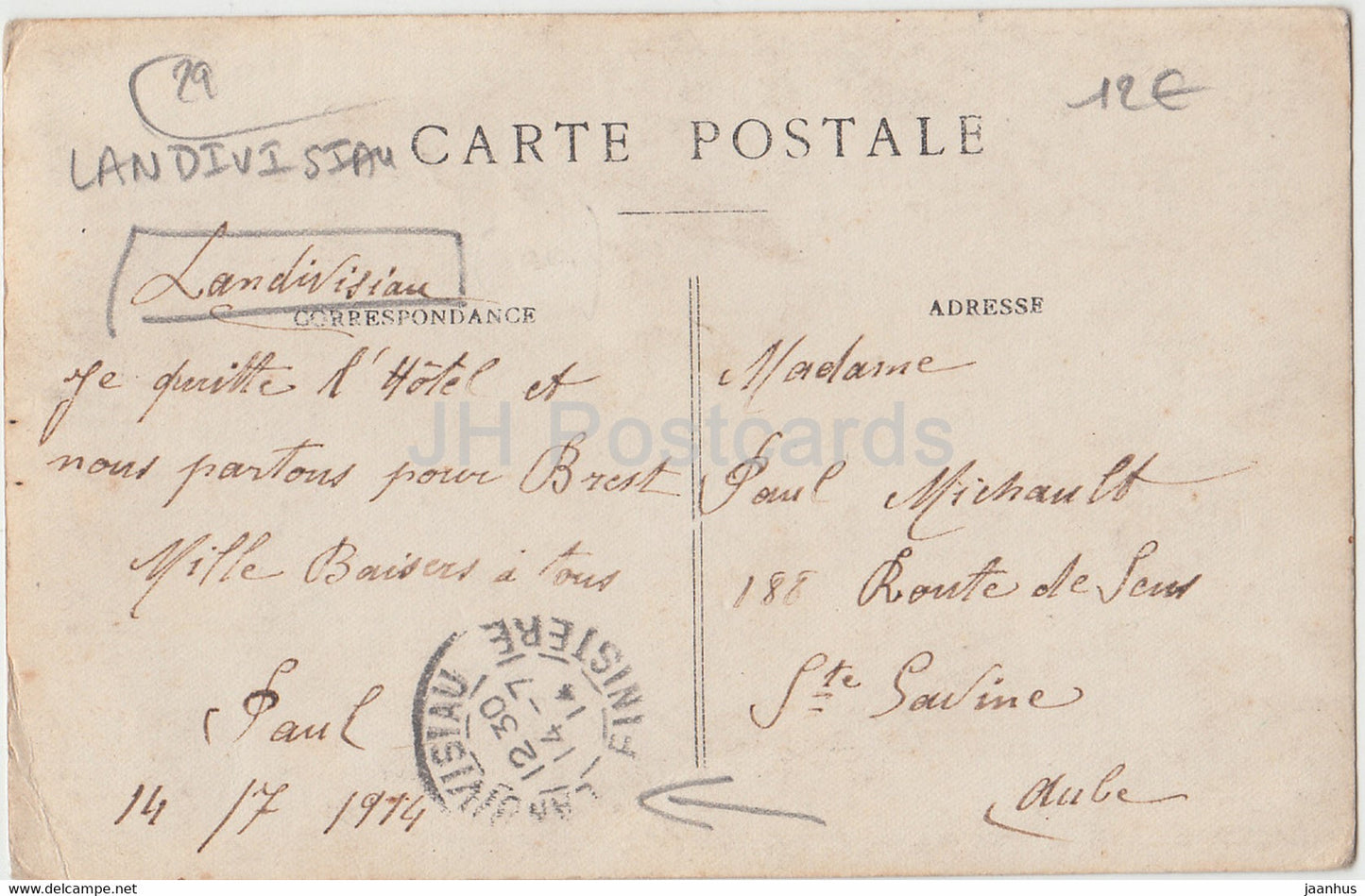 Landivisiau - hôtel - intérieur - carte postale ancienne - 1914 - France - occasion