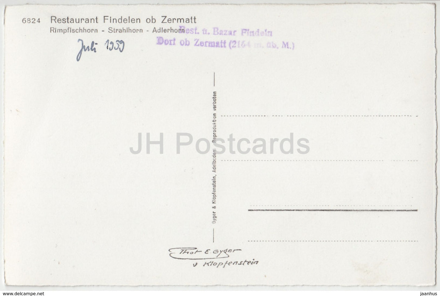 Restaurant Findelen ob Zermatt - Rimpfischhorn - Stralhorn - Adlerhorn - 6824 - Schweiz - 1959 - gebraucht