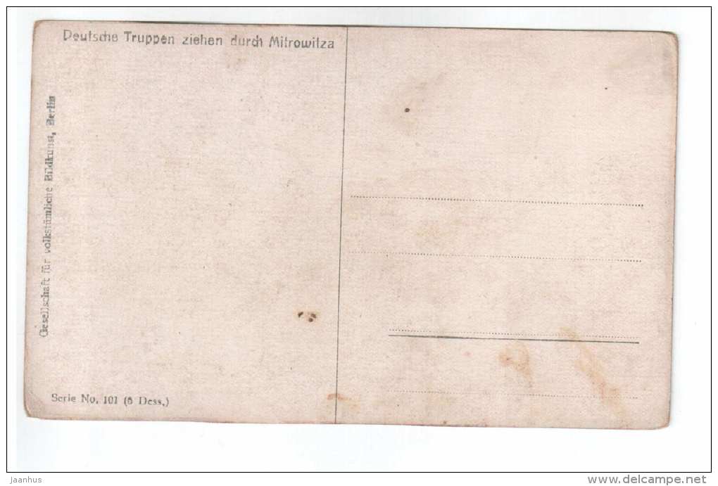 illustration by Koreffski - Deutsche Truppen ziehen durch Mitrowitza - WWI - Serie 101 - old postcard - unused - JH Postcards
