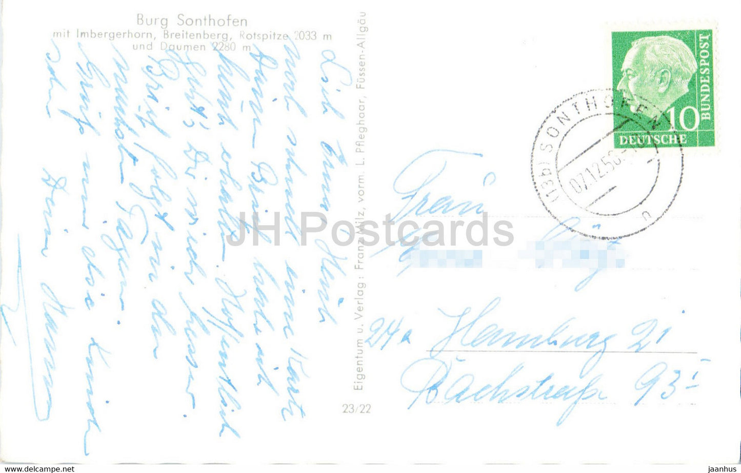 Burg Sonthofen - Imbergerhorn - Breitenberg - Rotspitze - Daumen - old postcard - 1956 - Germany - used