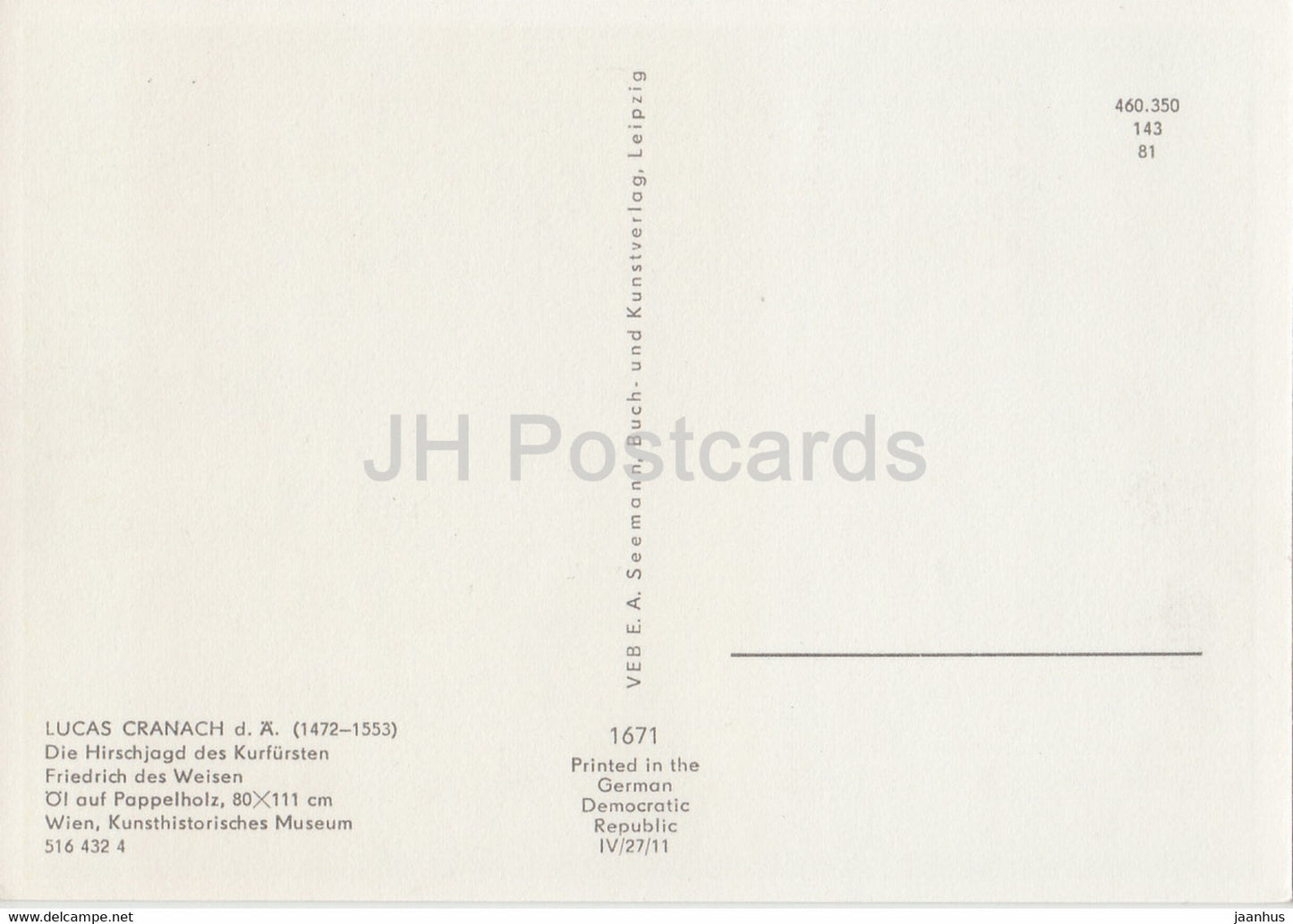 painting by Lucas Cranach the Elder - Die Hirschjagd des Kurfursten Friedrich - 1671 - German art - Germany DDR - unused