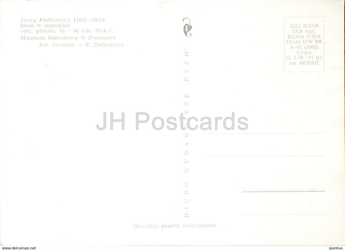 painting by Jerzy Fedkowicz - Dom w ogrodzie - House in the Garden - Polish art - Poland - unused