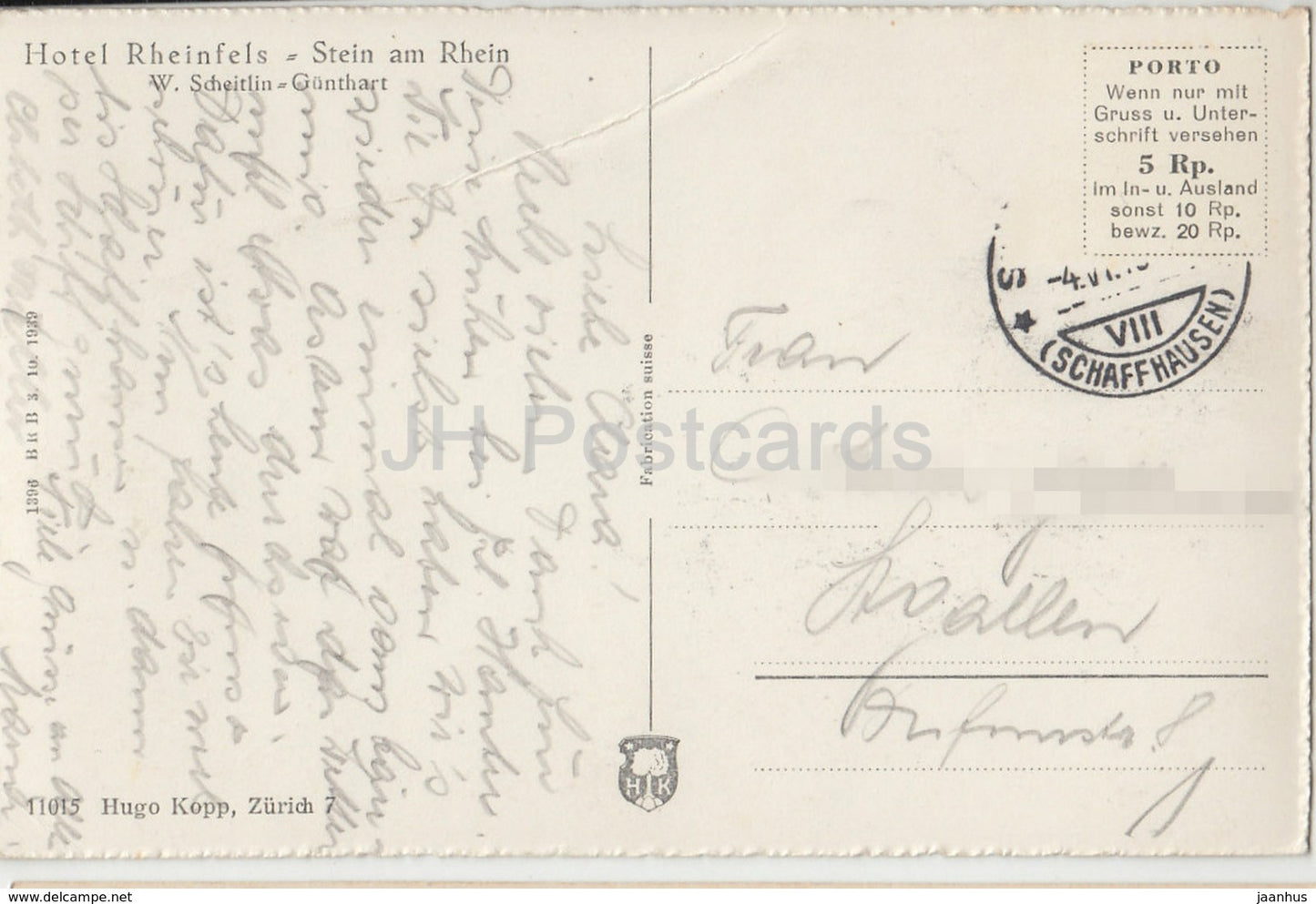 Stein a. Rh. - hôtel Rheinfels - Stein am Rhein - 11015 - Suisse - carte postale ancienne - utilisée