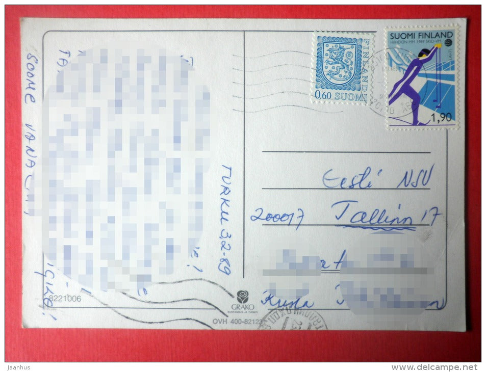 illustration - girl - door - skiing - 8221006 - Finland - sent from Finland to Estonia USSR 1989 - JH Postcards